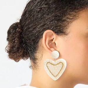 J Crew Women's Vibrant Bold Heart Beaded Earrings Cream Hypoallergenic